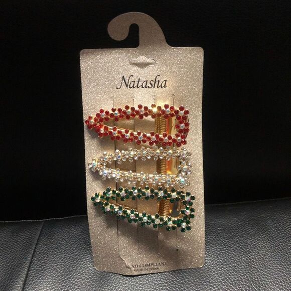 LUXURY NATASHA LEAD COMPLIANT THREE WOMENS LARGE GOLD HAIR CLIPS GREEN WHITE RED - Picture 1 of 6